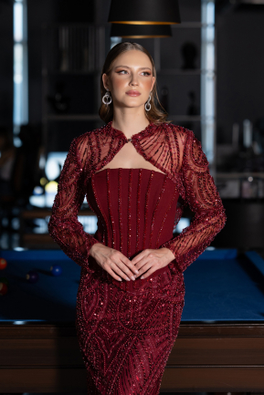 Robe de Soirée Longue Perlé Rouge Bordeaux ABU6567