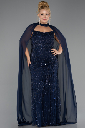 Robe de Soirée Grande Taille Longue Perlé Bleu Marine ABU6545