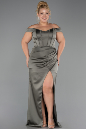 Robe De Soirée Grande Taille Longue Satin Kaki ABU6577