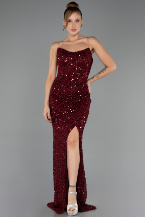 Robe de Soirée Longue Squameuse Rouge Bordeaux ABU6503