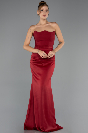 Robe de Soirée Longue Satin Rouge Bordeaux ABU6624