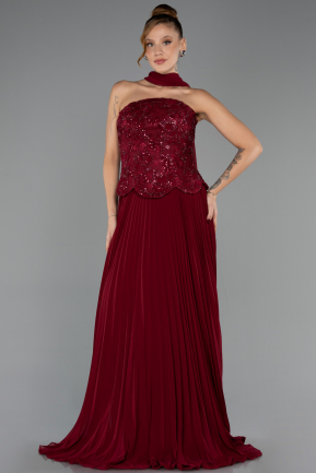Robe de Soirée Longue Mousseline Rouge Bordeaux ABU6436