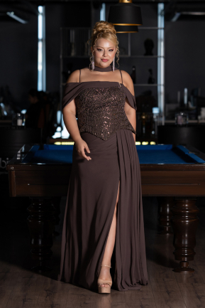 Robe de Soirée Grande Taille Longue Mousseline Brun ABU6274