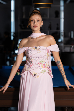 Robe de Soirée Longue Mousseline Poudre ABU6588