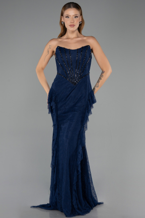 Robe Queue de Poisson Longue Dantelle Bleu Marine ABU6621