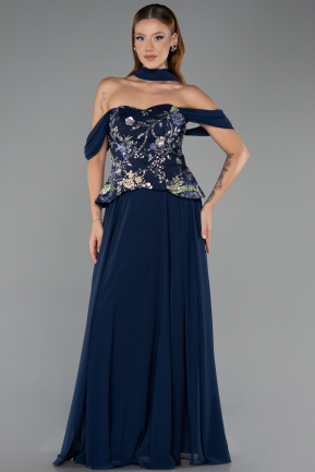 Robe de Soirée Longue Mousseline Bleu Marine ABU6612