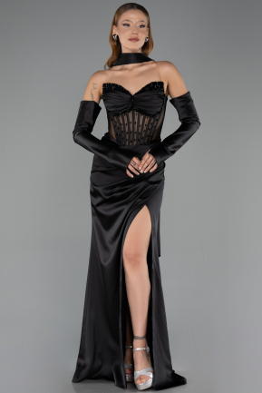 Robe de Soirée Longue Satin Noir ABU6616
