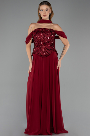 Robe de Soirée Longue Mousseline Rouge Bordeaux ABU6532