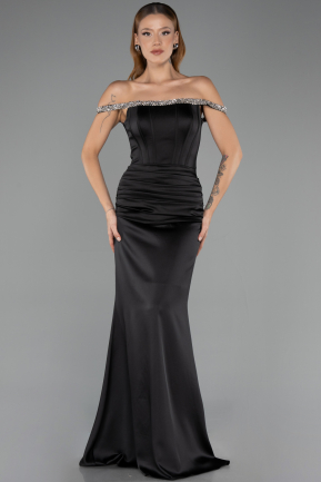 Robe Queue de Poisson Longue Satin Noir ABU6608
