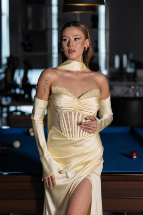 Robe de Soirée Longue Satin Jaune ABU6616