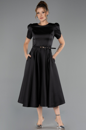 Robe De Soirée Midi Satin Noir ABK2699