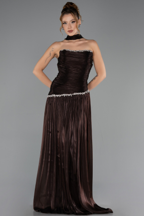 Robe de Soirée Longue Mousseline Brun ABU6644