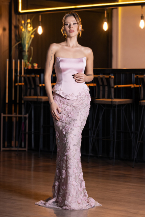 Robe de Soirée Longue Dantelle Poudre ABU6656