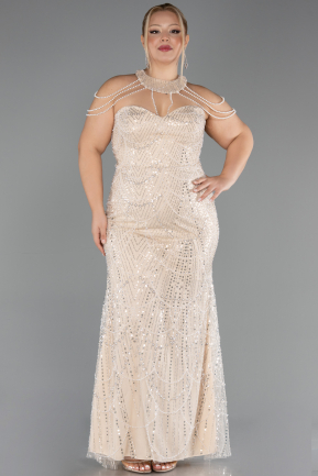 Robe De Soirée Grande Taille Longue Perlé Beige ABU6632