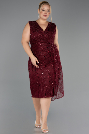 Robe De Invitation Grande Taille Midi Perlé Rouge Bordeaux ABK2698