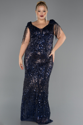 Robe De Soirée Grande Taille Longue Squameuse Bleu Marine ABU6610