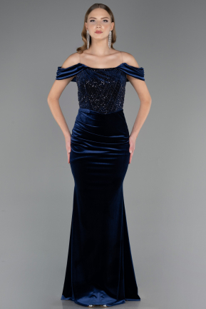 Robe de Soirée Longue Velours Bleu Marine ABU6664