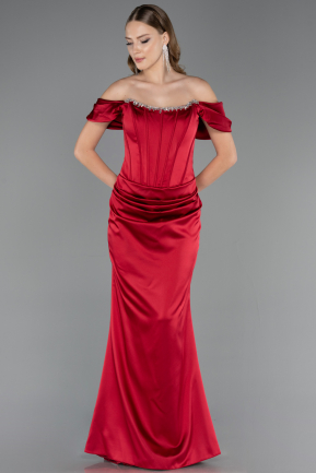 Robe Queue de Poisson Longue Satin Rouge Bordeaux ABU6090