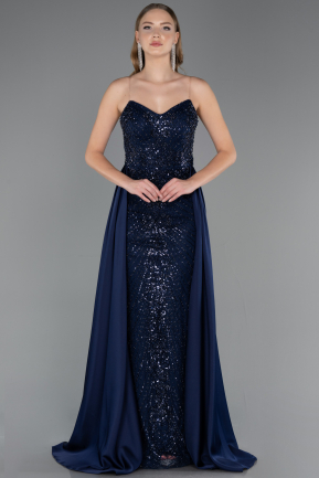 Robe de Soirée Longue Perlé Bleu Marine ABU6673