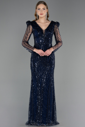 Robe De Soirée Grande Taille Longue Perlé Bleu Marine ABU6661