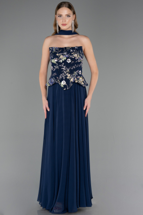 Robe de Soirée Longue Mousseline Bleu Marine ABU6665