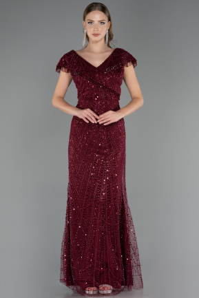 Robe de Soirée Grande Taille Longue Perlé Rouge Bordeaux ABU6672
