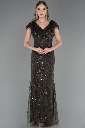 Robe de Soirée Grande Taille Longue Perlé Kaki ABU6672