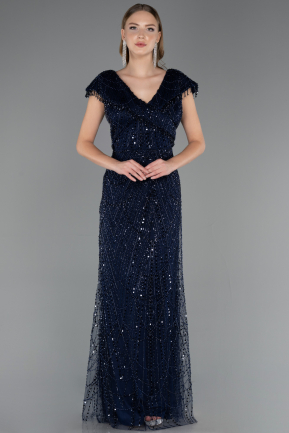 Robe de Soirée Grande Taille Longue Perlé Bleu Marine ABU6672