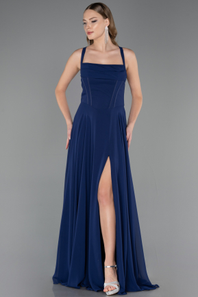 Robe de Soirée Longue Mousseline Bleu Marine ABU6677