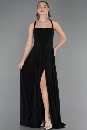 Robe de Soirée Longue Mousseline Noir ABU6677