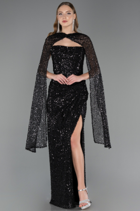 Robe de Soirée Longue Perlé Noir ABU6679
