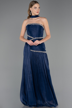Robe de Soirée Longue Mousseline Bleu Marine ABU6681