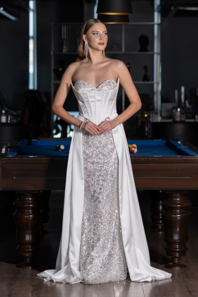Robe de Soirée Longue Satin Blanc ABU6193