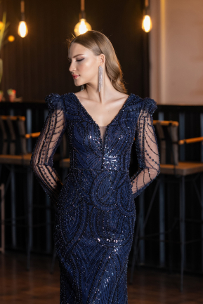 Robe de Soirée Longue Perlé Bleu Marine ABU6660