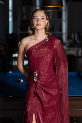 Robe de Soirée Longue Mousseline Rouge Bordeaux ABU6675