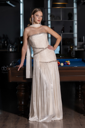 Robe de Soirée Longue Mousseline Beige ABU6681