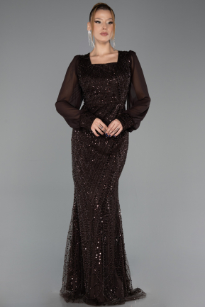 Robe de Soirée Grande Taille Longue Perlé Brun ABU6292