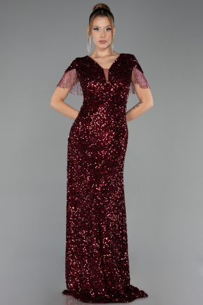 Robe de Soirée Grande Taille Longue Squameuse Rouge Bordeaux ABU6688