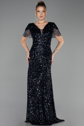 Robe de Soirée Grande Taille Longue Squameuse Bleu Marine ABU6688
