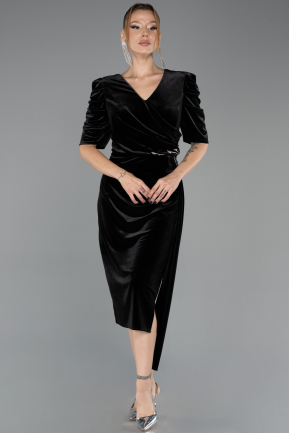 Robes De Soirée En Velours Grande Taille Midi Velours Noir ABK2706