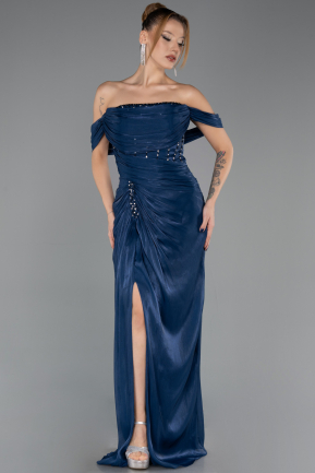 Robe de Soirée Longue Mousseline Bleu Marine ABU6692