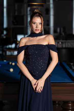 Robe de Soirée Longue Mousseline Bleu Marine ABU6390
