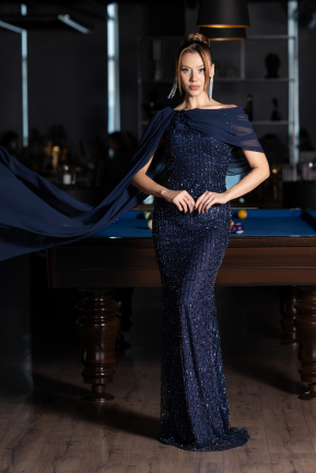 Robe de Soirée Longue Perlé Bleu Marine ABU5816