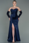 Robe de Soirée Longue Satin Bleu Marine ABU3175