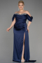 Robe De Fiançailles Grande Taille Longue Satin Bleu Marine ABU3655