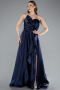 Robe De Soirée Satin Longue Bleu Marine ABU4561