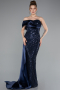 Robe Queue de Poisson Longue Perlé Bleu Marine ABU4986