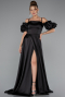 Robe de Soirée Longue Satin Noir ABU5103