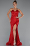 Robe de Soirée Longue Perlé Rouge ABU5292