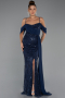 Robe de Soirée Longue Perlé Bleu Marine ABU5316